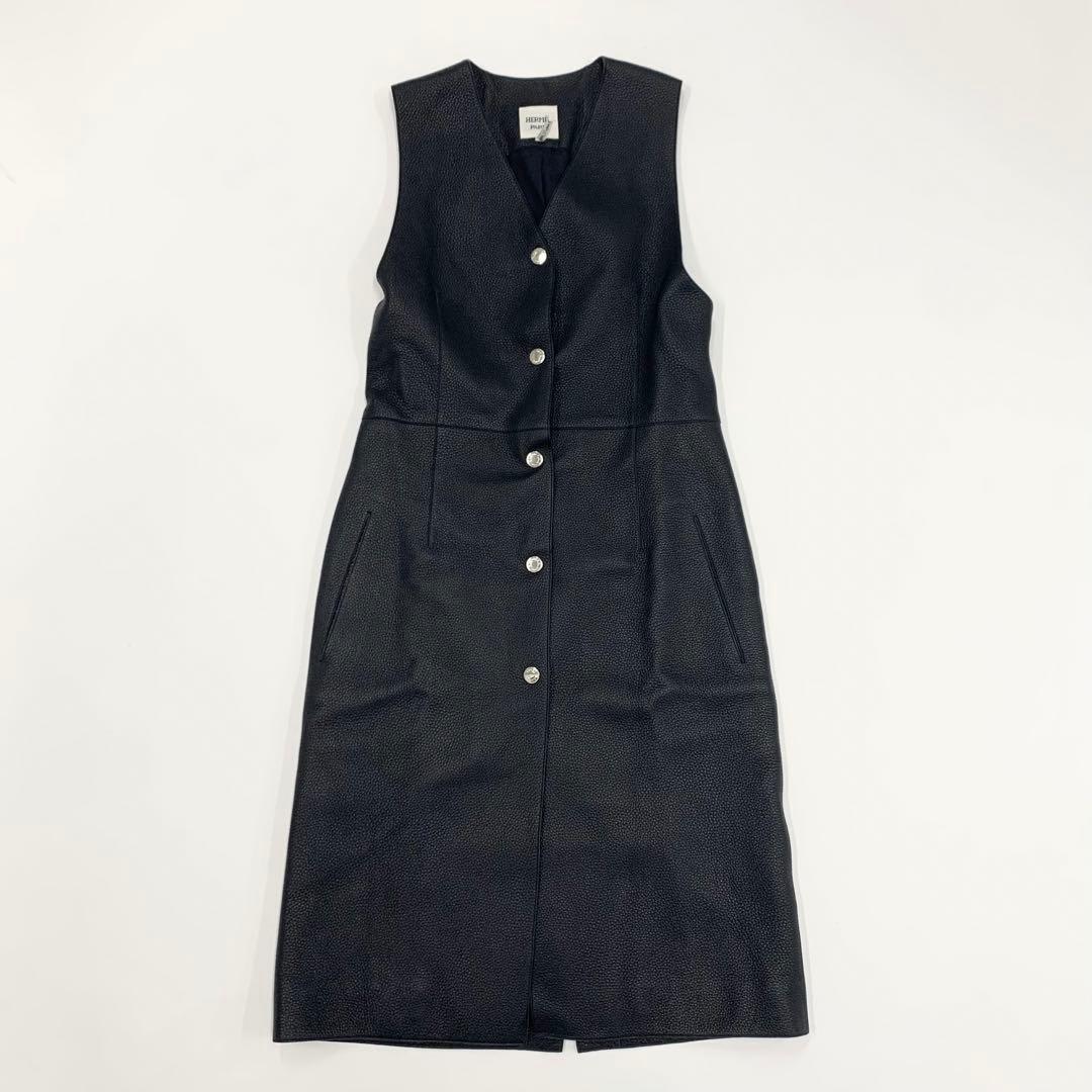 Hermes Long Vest Gilet Serie Button Leather Sleeveless Black