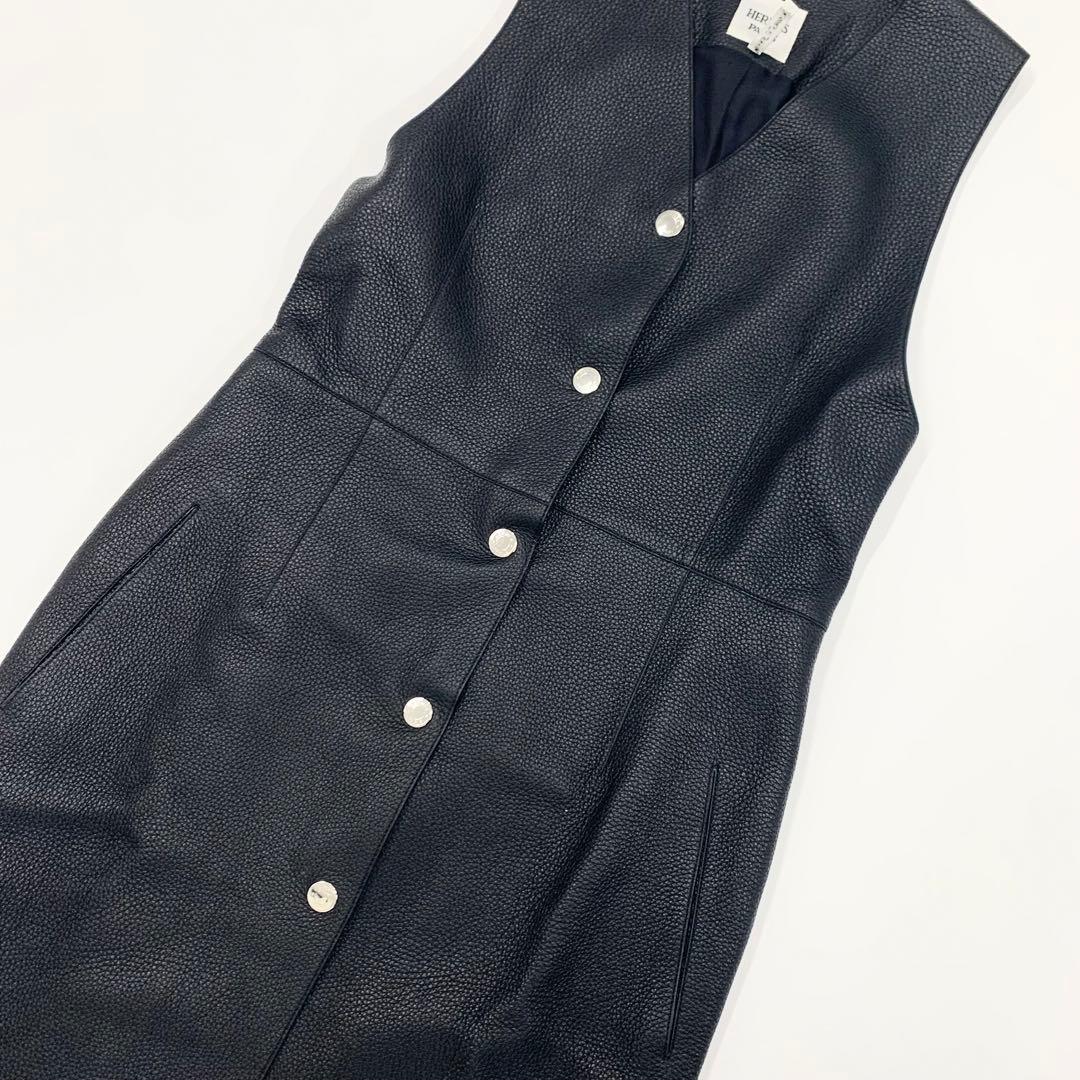 Hermes Long Vest Gilet Serie Button Leather Sleeveless Black