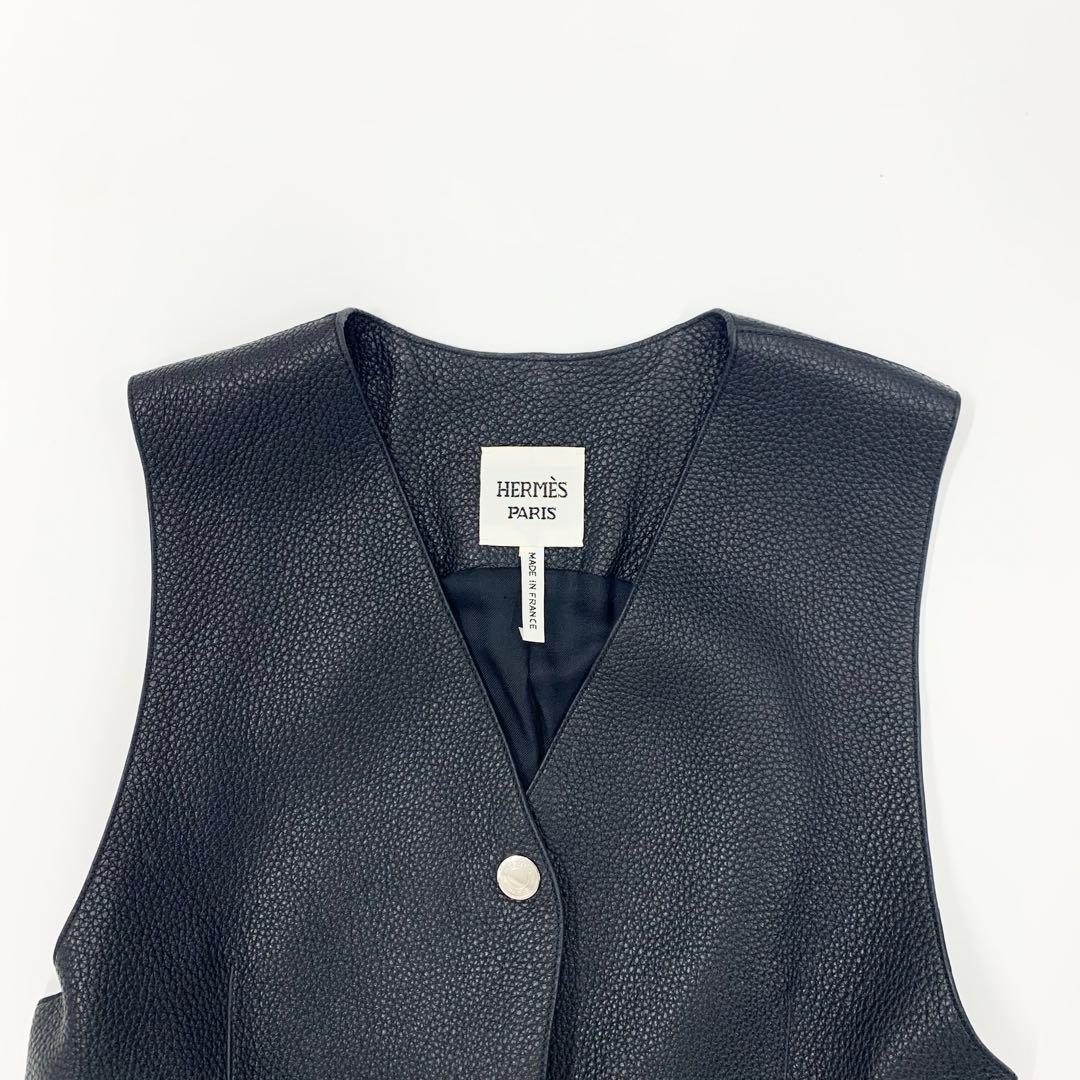 Hermes Long Vest Gilet Serie Button Leather Sleeveless Black
