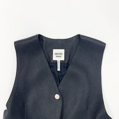 Hermes Long Vest Gilet Serie Button Leather Sleeveless Black