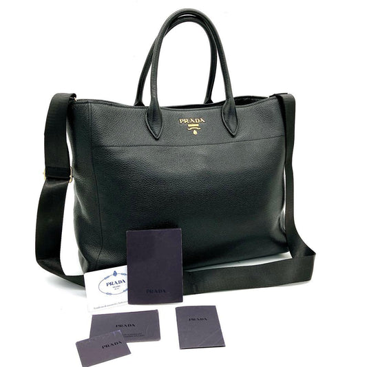 Prada 2way Bag Leather Black Gold Hardware A4 Logo