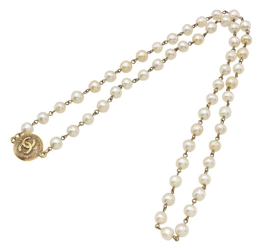 Chanel CC Logo Faux Pearl Long Chain Necklace — view 2