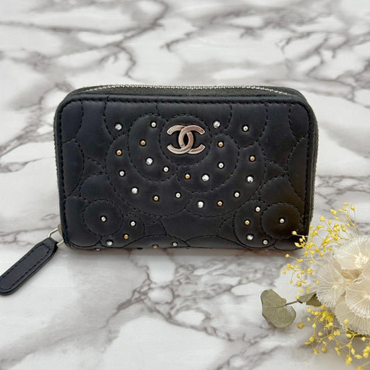 Chanel Camellia Studded Zip Card Case