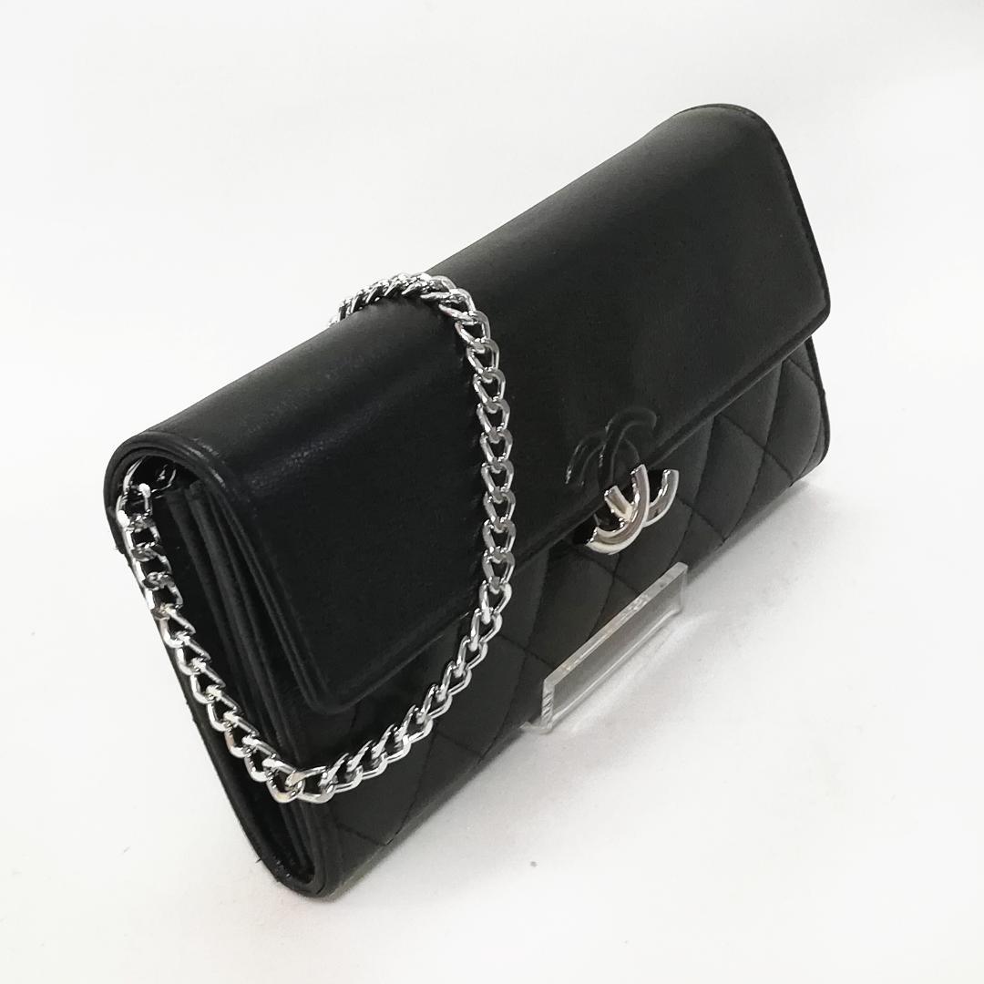 CHANEL Long Wallet Half Coco Genuine Leather Black Chain Wallet