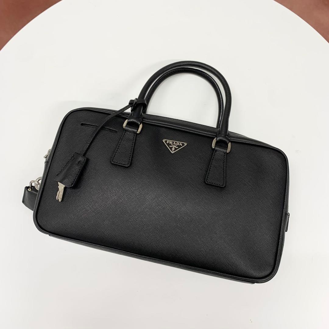 Prada Saffiano Leather Triangle Logo Handbag Black — view 5