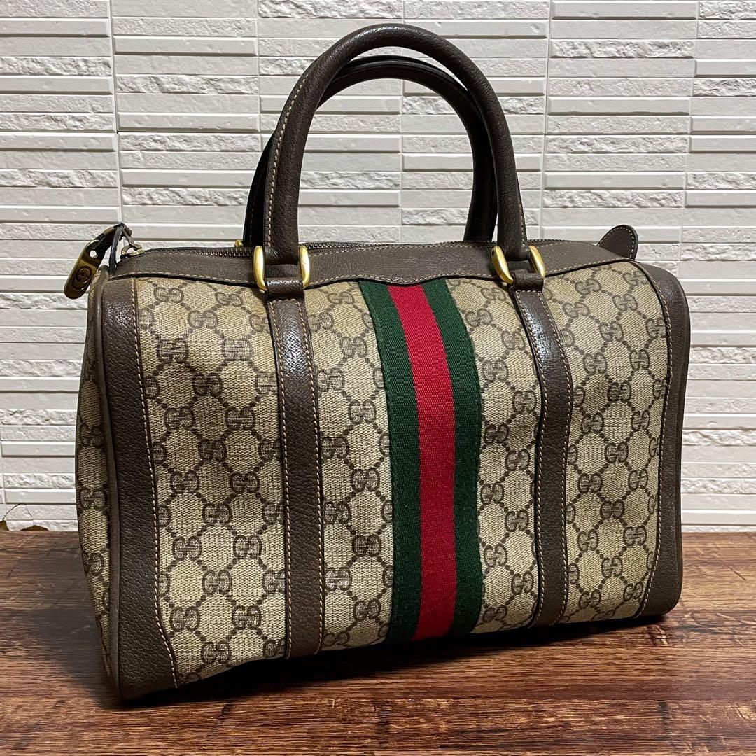 Gucci GG Supreme PVC × Leather Hand Bag Boston Sherry