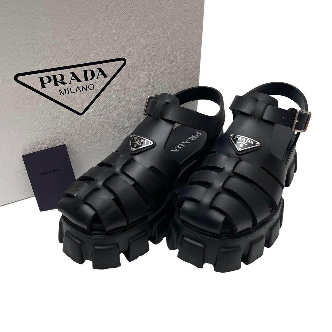 Prada Lava Monolith Platform Triangle Plate Logo Sandals Black