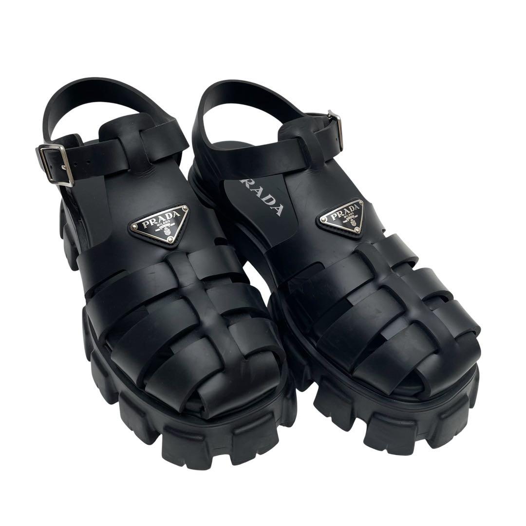Prada Lava Monolith Platform Triangle Plate Logo Sandals Black — view 2