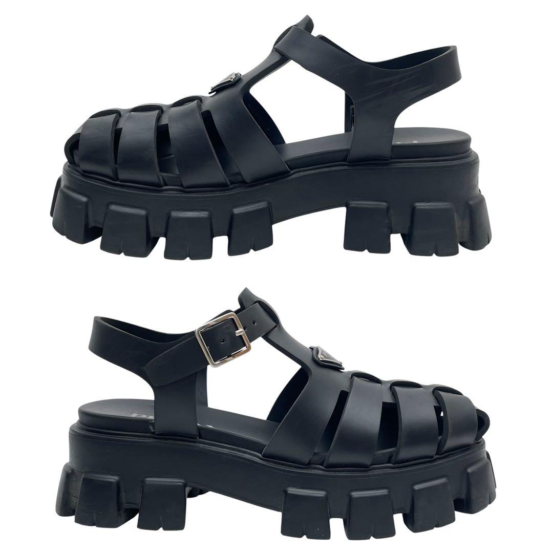 Prada Lava Monolith Platform Triangle Plate Logo Sandals Black — view 5
