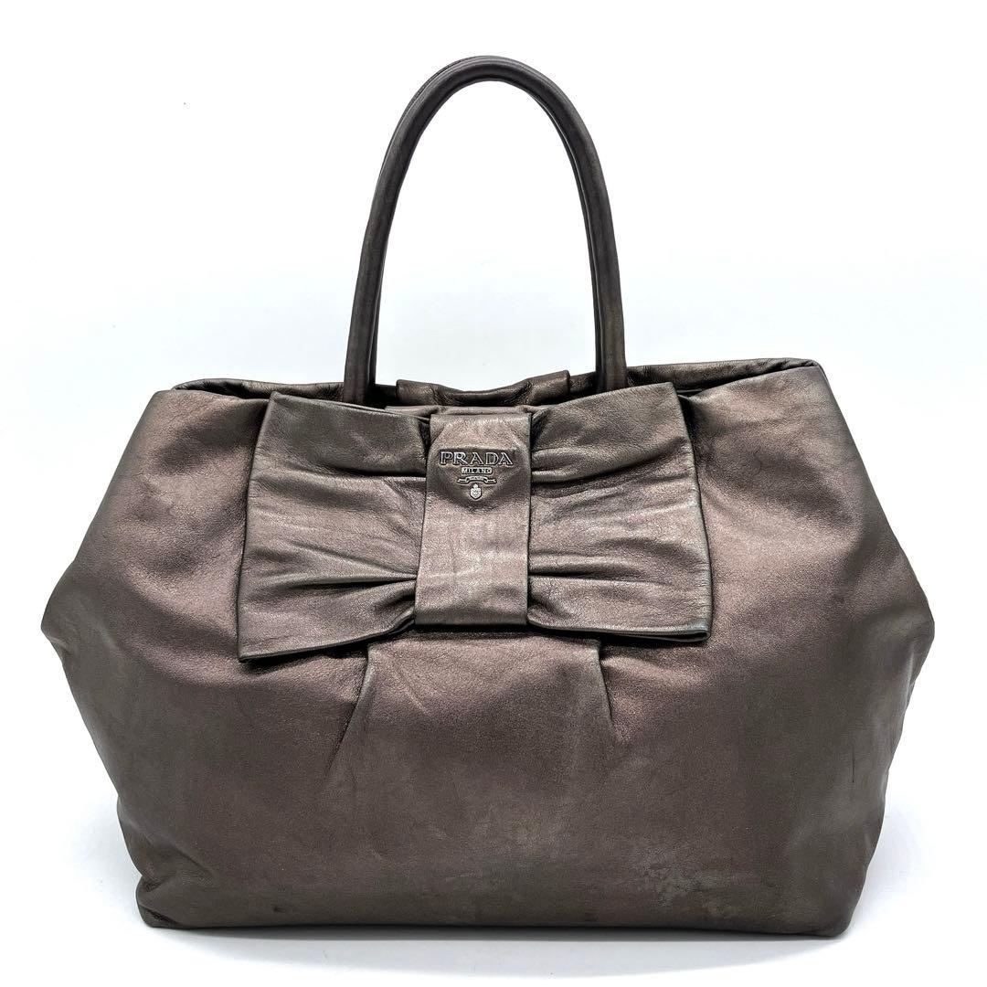Prada Tote Bag Logo Hardware Ribbon Leather Metallic Brownish
