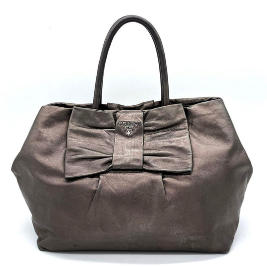 Prada Tote Bag Logo Hardware Ribbon Leather Metallic Brownish