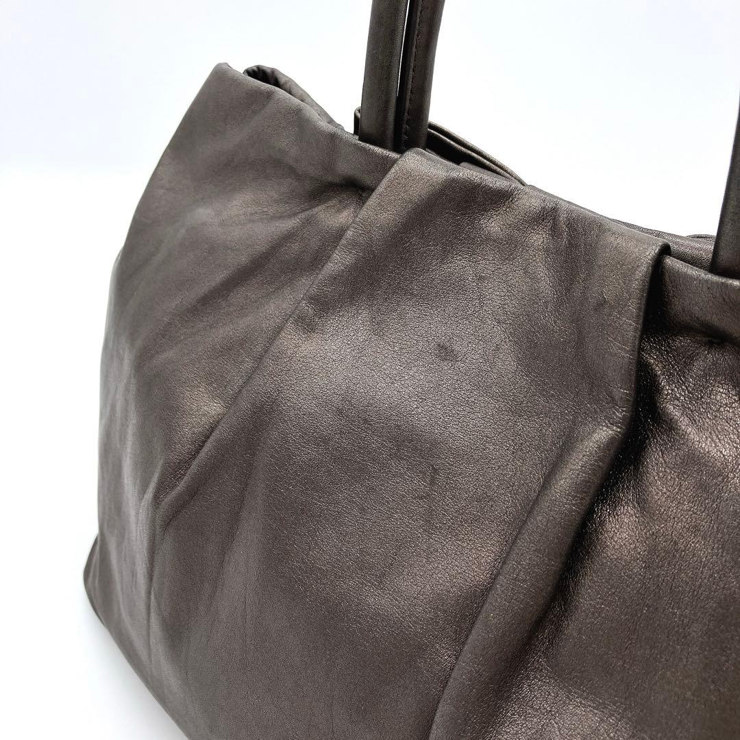 Prada Tote Bag Logo Hardware Ribbon Leather Metallic Brownish