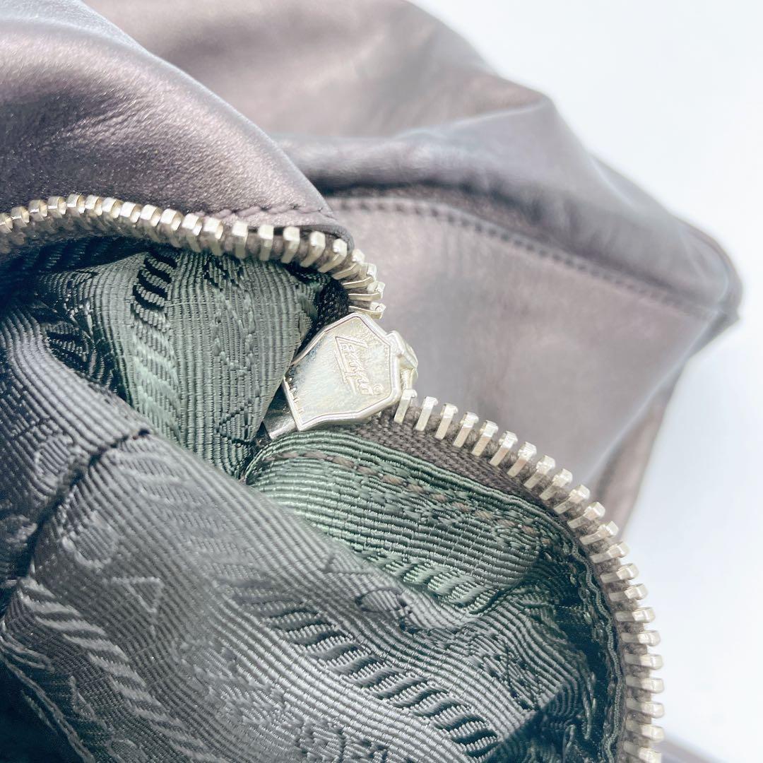 Prada Tote Bag Logo Hardware Ribbon Leather Metallic Brownish