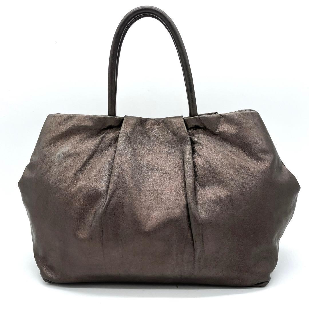 Prada Tote Bag Logo Hardware Ribbon Leather Metallic Brownish