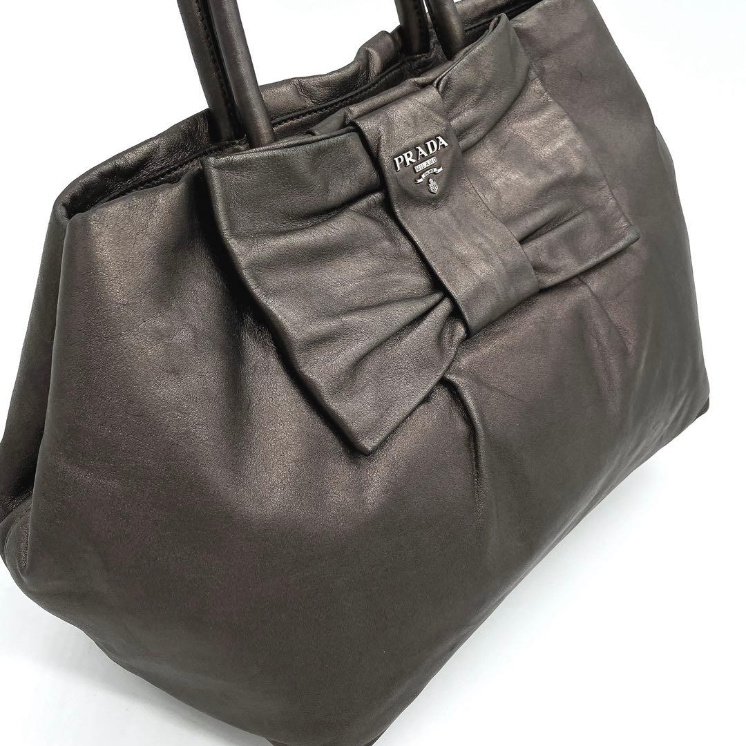 Prada Tote Bag Logo Hardware Ribbon Leather Metallic Brownish