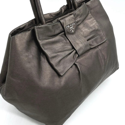 Prada Tote Bag Logo Hardware Ribbon Leather Metallic Brownish