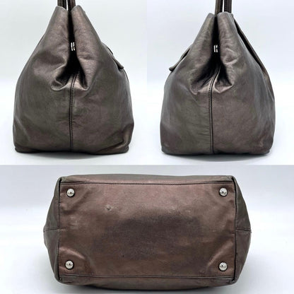 Prada Tote Bag Logo Hardware Ribbon Leather Metallic Brownish