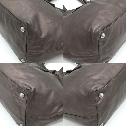 Prada Tote Bag Logo Hardware Ribbon Leather Metallic Brownish
