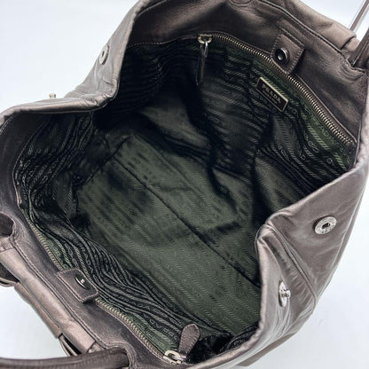 Prada Tote Bag Logo Hardware Ribbon Leather Metallic Brownish