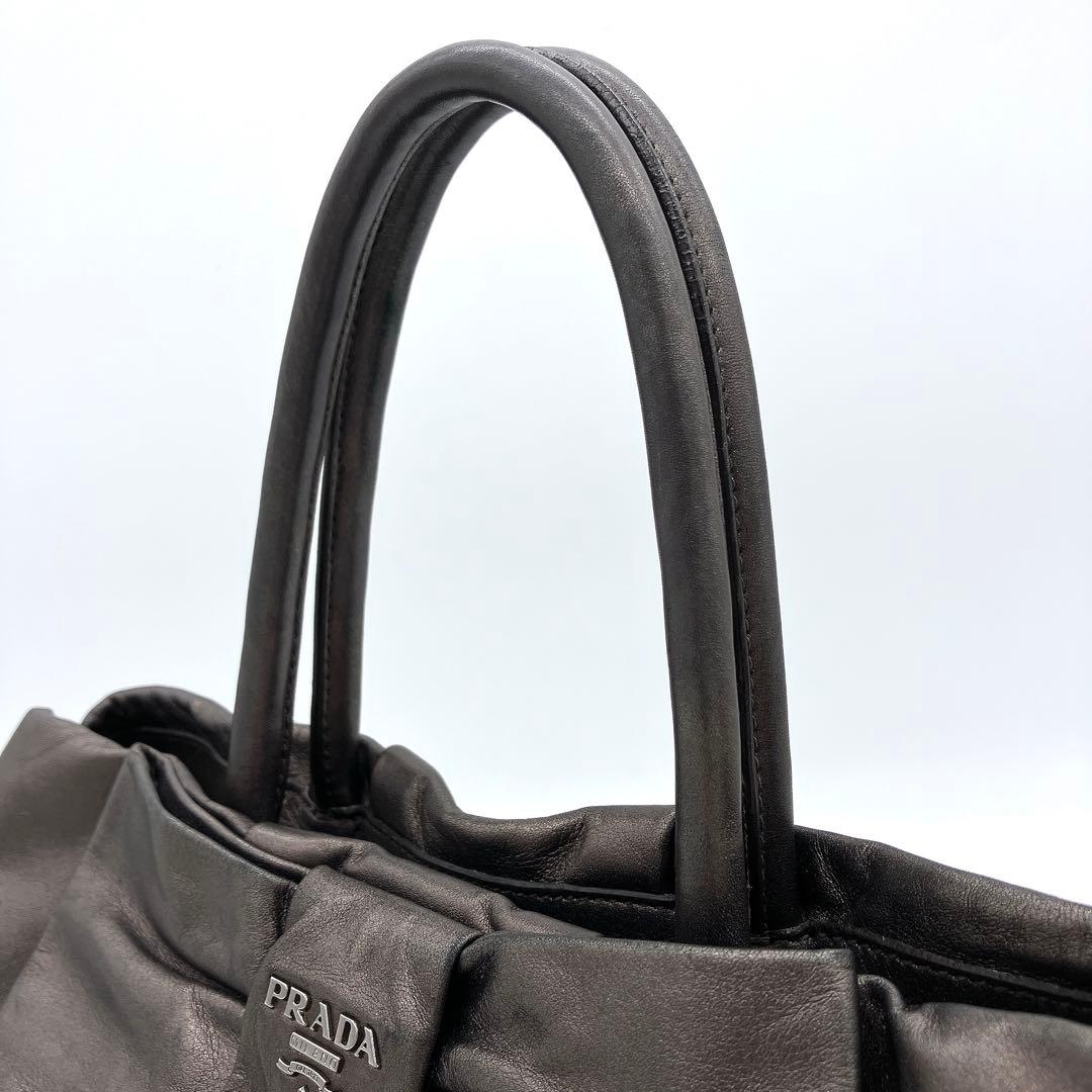 Prada Tote Bag Logo Hardware Ribbon Leather Metallic Brownish
