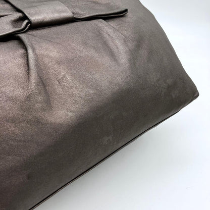 Prada Tote Bag Logo Hardware Ribbon Leather Metallic Brownish