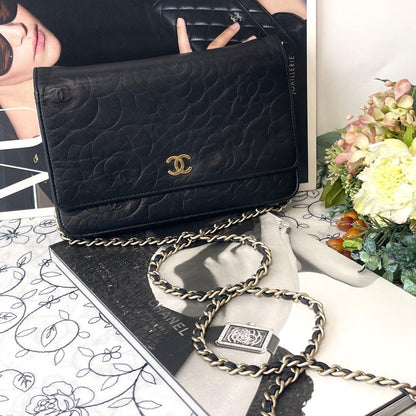 Chanel Chain Wallet Camellia Black Shoulder