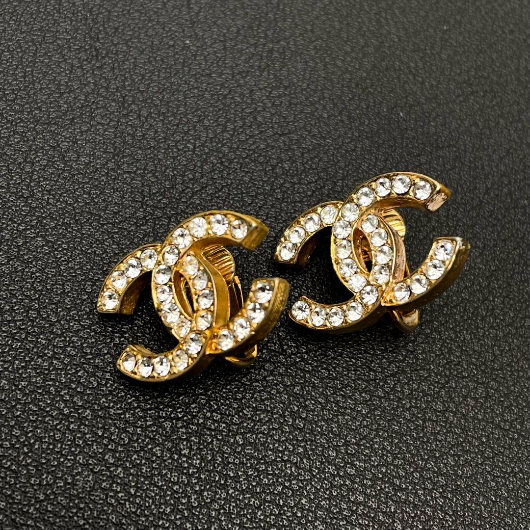 Chanel CC Logo Earrings Line Stone Gold Icon