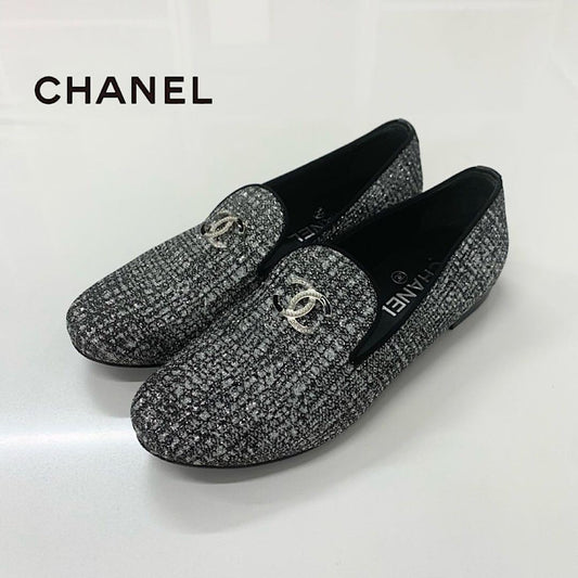 Chanel CC Logo Fabric Flat Shoes Silver