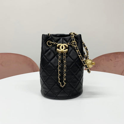 Chanel CC Logo Lambskin Chain Drawstring Shoulder Bag Black