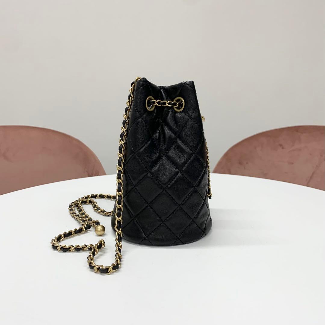 Chanel CC Logo Lambskin Chain Drawstring Shoulder Bag Black — view 2