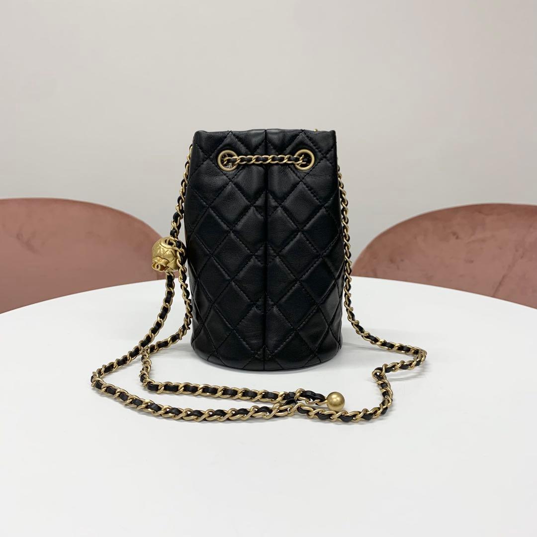 Chanel CC Logo Lambskin Chain Drawstring Shoulder Bag Black — view 3