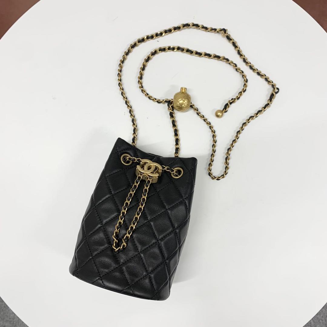 Chanel CC Logo Lambskin Chain Drawstring Shoulder Bag Black — view 5