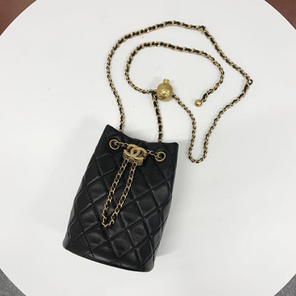 Chanel CC Logo Lambskin Chain Drawstring Shoulder Bag Black — view 5