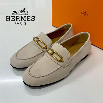 Hermes Colette Suede Roulis Buckle Moccasins Loafers Pink Beige