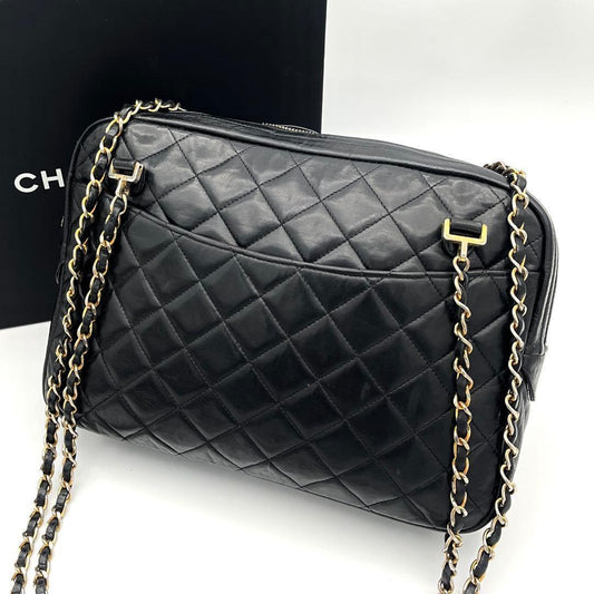 Chanel Chain Shoulder Bag Lambskin CC Logo Quilted Black