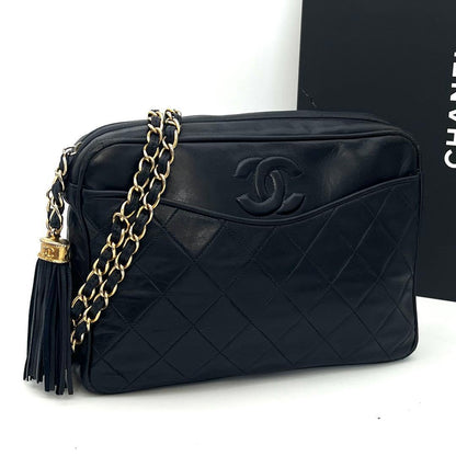 Chanel Quilted Shoulder Bag Crossbody Fringe Navy