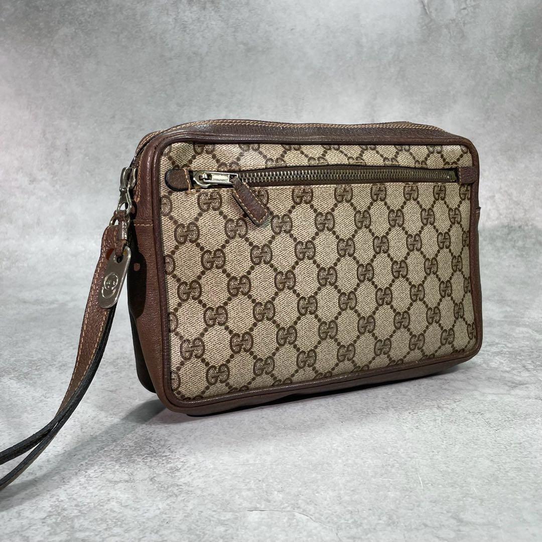 Gucci GG Sherry Line Clutch Brown Leather Logo
