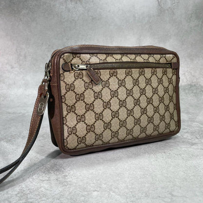Gucci GG Sherry Line Clutch Brown Leather Logo