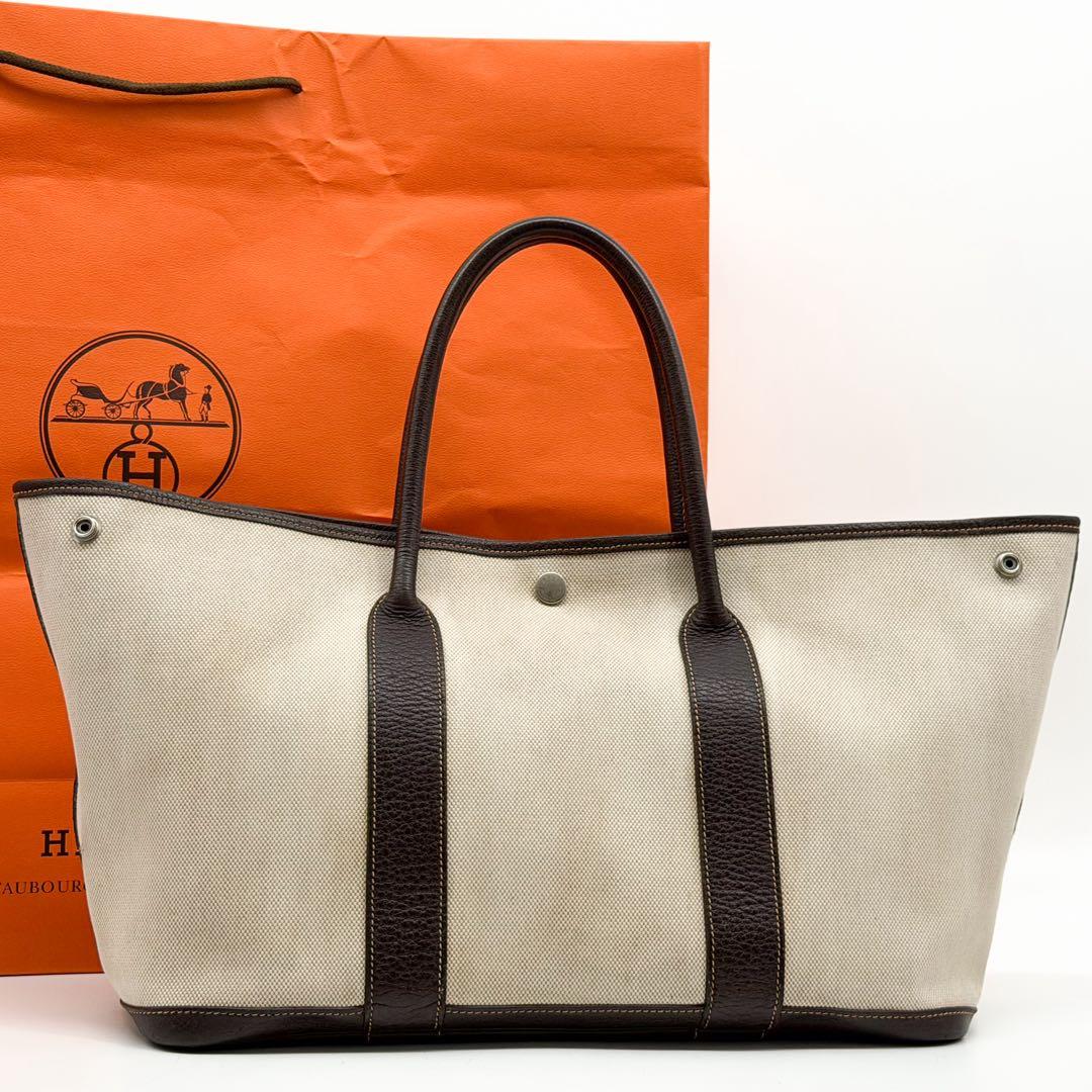 Hermes Garden Party PM Canvas Leather Officier Beige Tote Bag