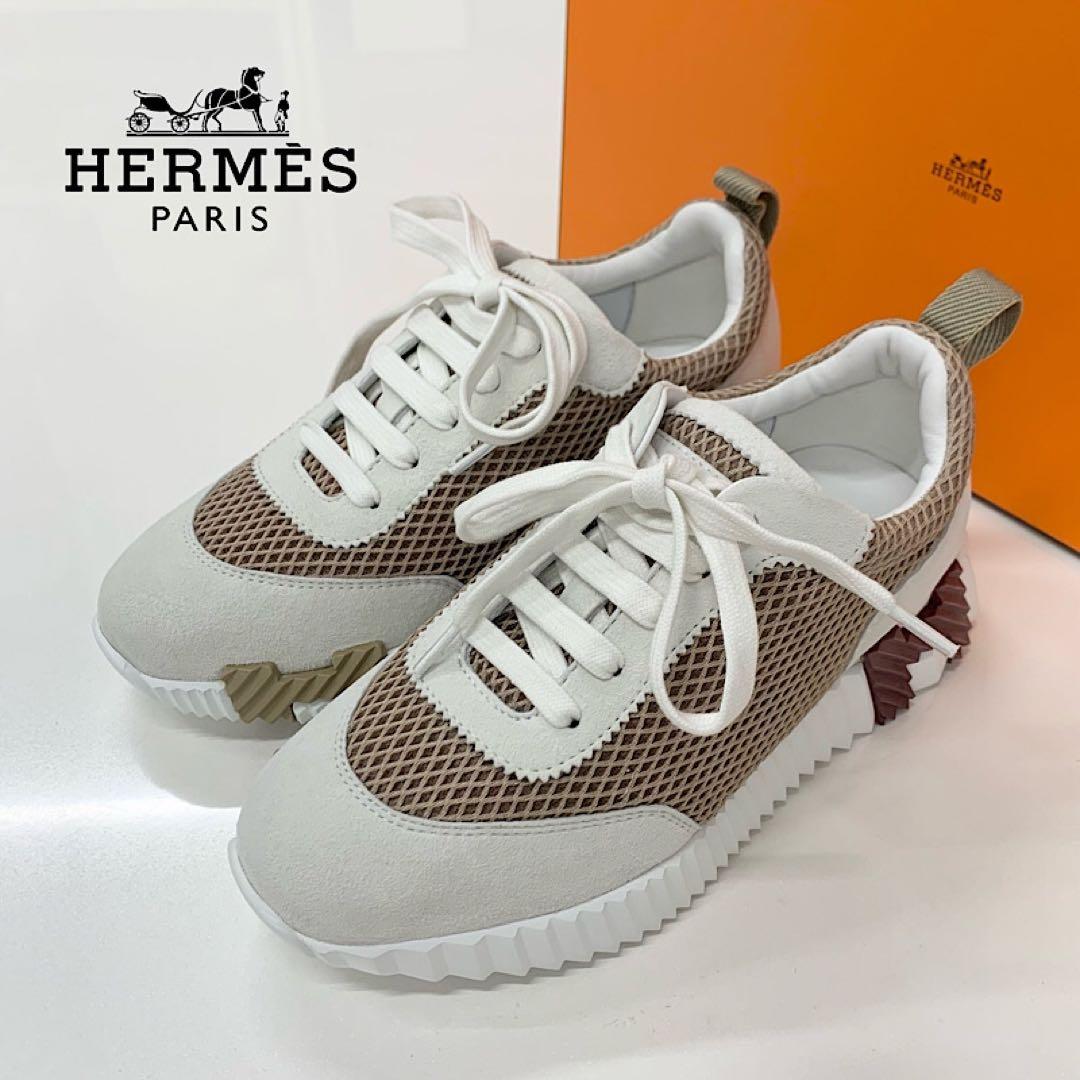 Unused Hermes Bouncing Fabric Suede Sneakers Beige