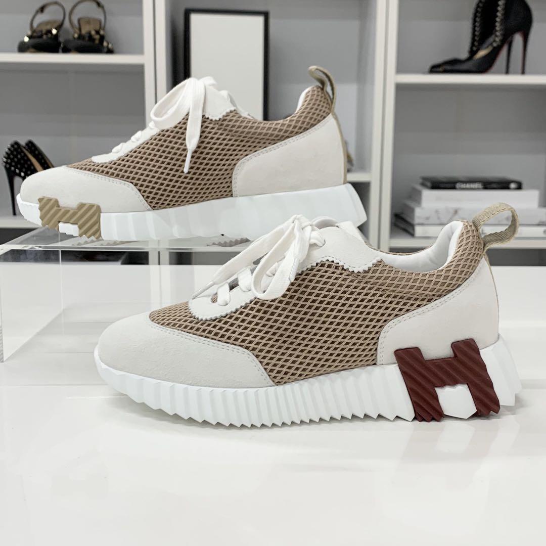 Unused Hermes Bouncing Fabric Suede Sneakers Beige