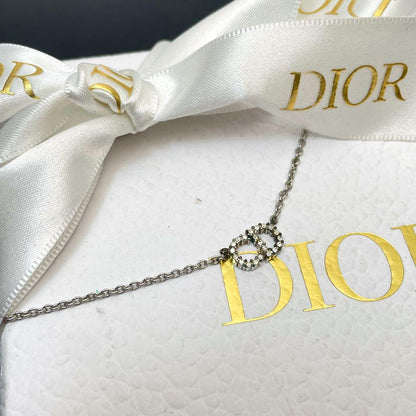 Dior Clair D Lune CD Logo Necklace Rhinestone Silver
