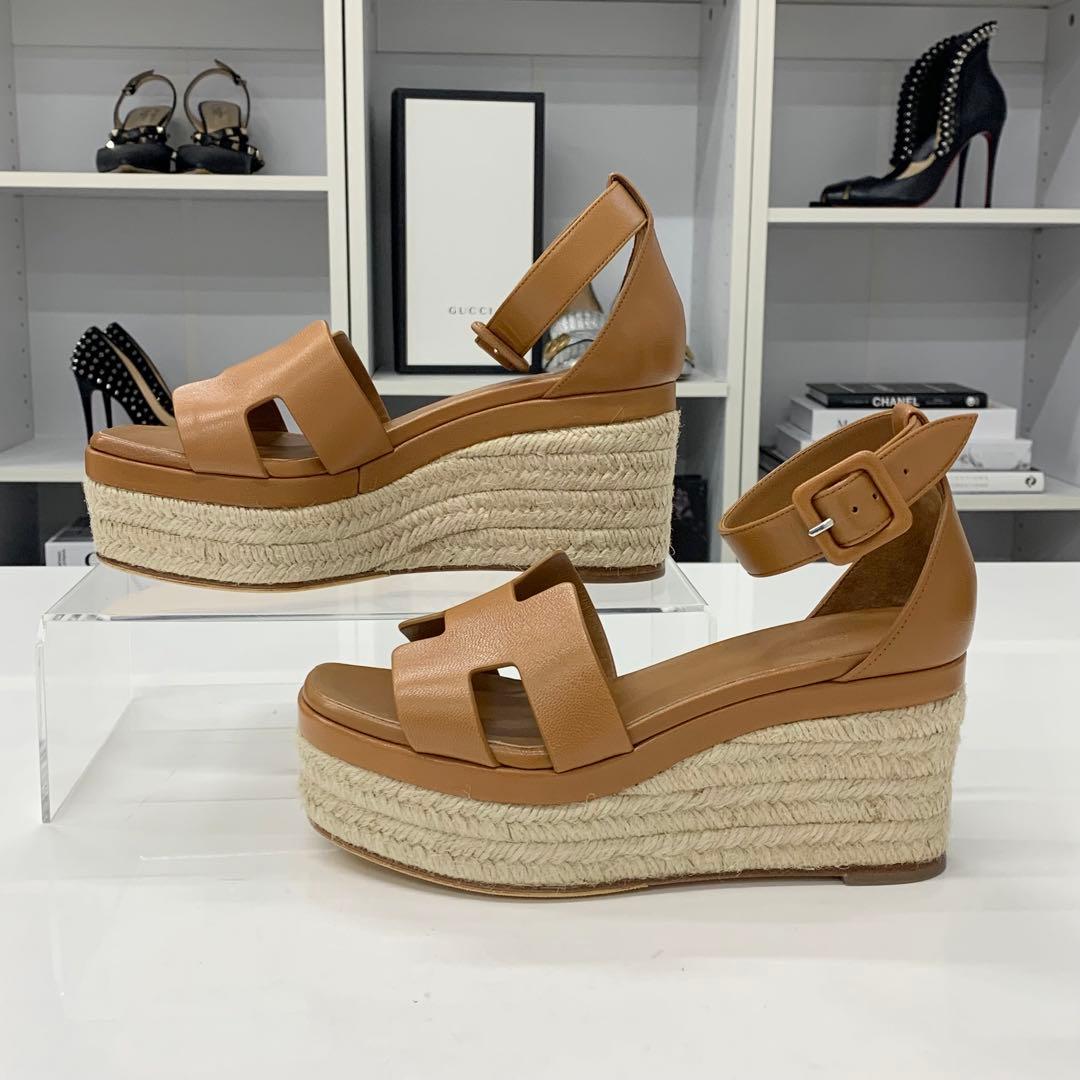 Hermes Herda Leather Wedge Sole Espadrille Strap Sandals