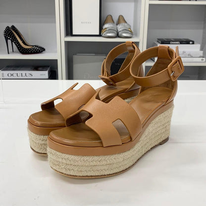 Hermes Herda Leather Wedge Sole Espadrille Strap Sandals