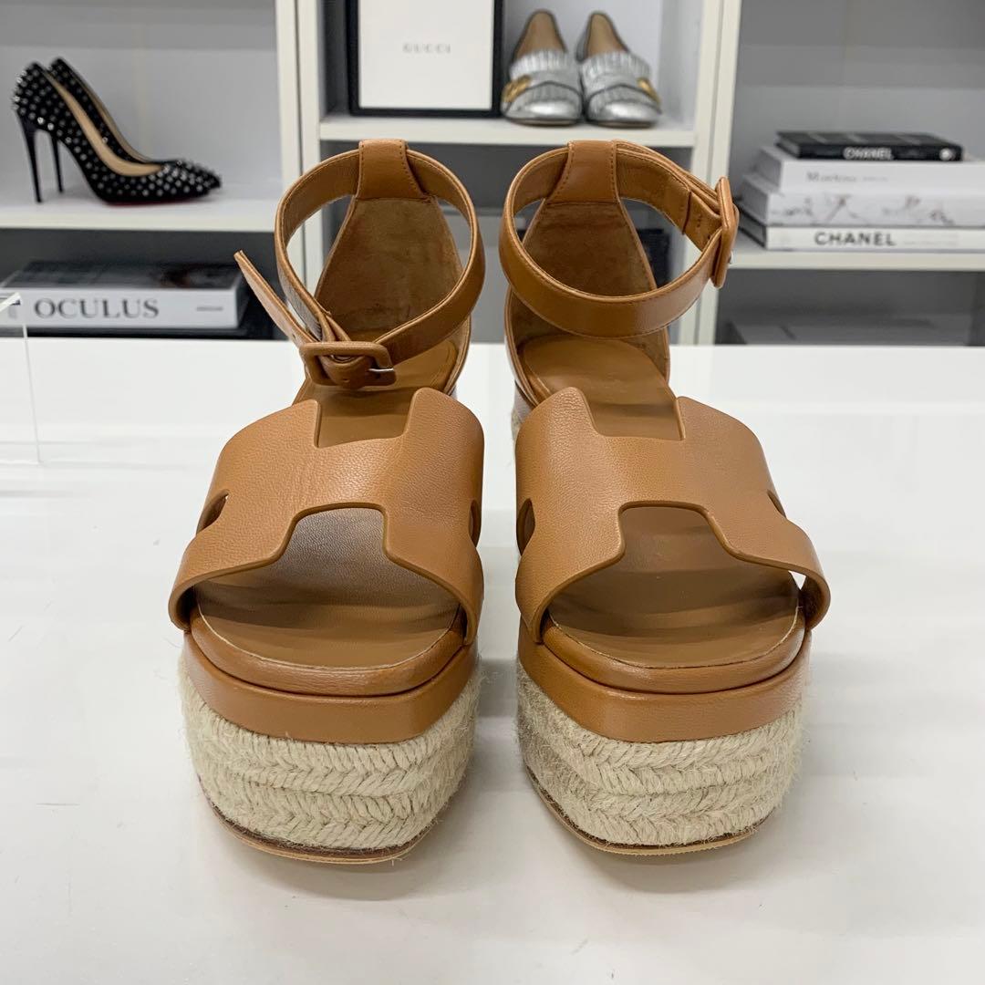 Hermes Herda Leather Wedge Sole Espadrille Strap Sandals