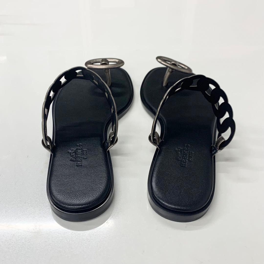Hermes Eos Chaine D'ancre Leather Flat Sandals Black — view 5