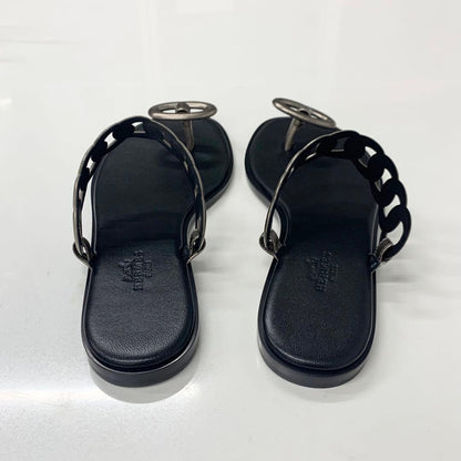 Hermes Eos Chaine D'ancre Leather Flat Sandals Black — view 5