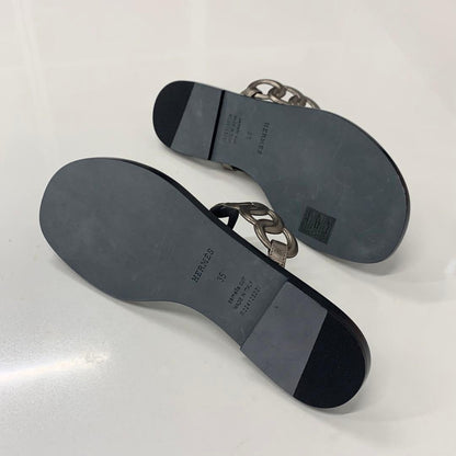 Hermes Eos Chaine D'ancre Leather Flat Sandals Black — view 6