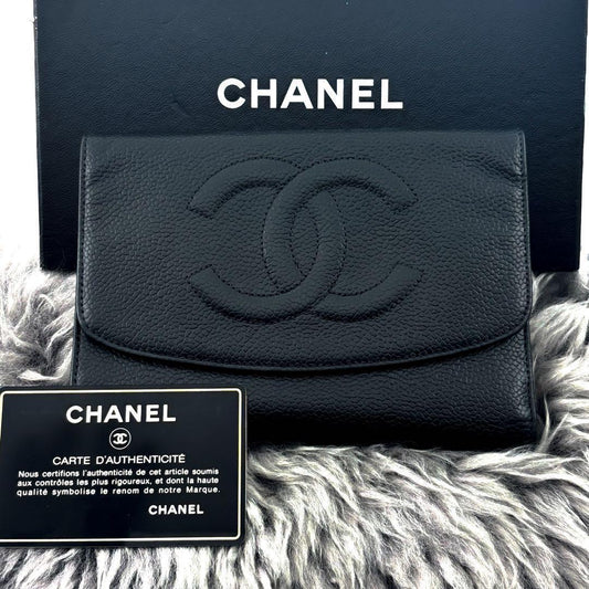 Chanel Wallet Jumbo CC Logo Caviar Trifold Round Charm Black