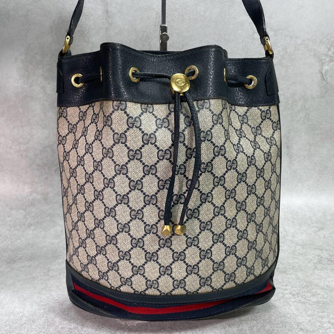 Gucci GG Sherry Line Shoulder Bag Navy Leather Drawstring — view 2